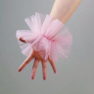 Women's Fashion Ruffle Light Pink Clown Puffy Cuffs Wrist Gloves Tulle Party Tea
